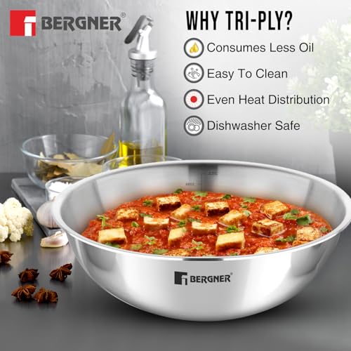 Image of BERGNER Argent Triply Stainless Steel Tasra /Tasla Without Lid, 20cm (1.5 L), Consumes Less Oil, Healthy Cooking, Faster and Even Heat Distributio, Easy to Clean - Induction and Gas Stove Ready