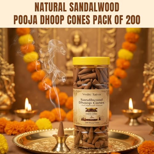 Image of Sandalwood Dhoop Cones for Pooja - Premium Pack of 200 | Natural Chandan Dhoop Cones Made with Pooja Flowers & Agarwood Blend | Long-Lasting Fragrance for Meditation, Prayer & Aromatherapy