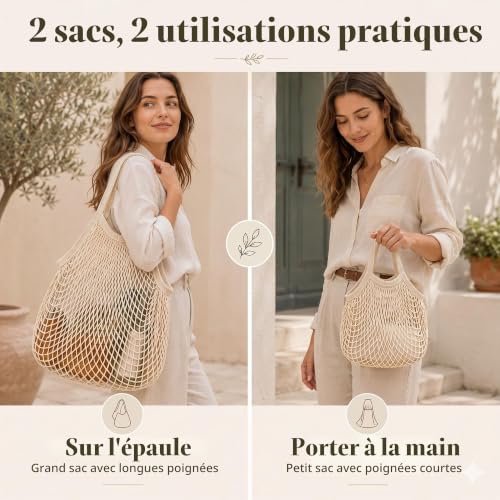 Horktrust Sacs Filet Réutilisables Lot de 2, Sacs à Provisions en Maille Coton-Polyester Beige, Grand Sac Anses Longues et Petit Sac Anses Courtes, Pliable pour Fruits Légumes Pain Plage – vue 8