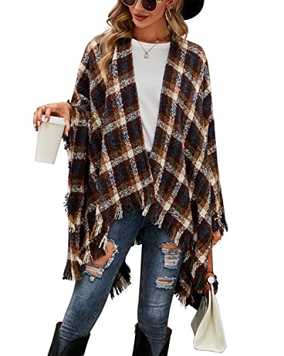 Women Buffalo Plaid Blanket Poncho Plus Size Fleece Kimono Sweaters Knit Fringe Shawl Wraps Warm Capes, Light Brown, One size