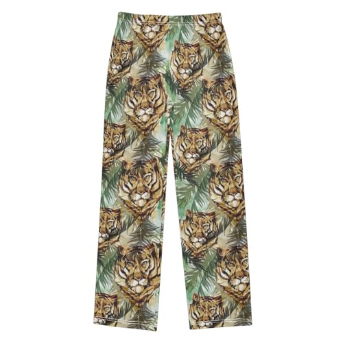 Tiger Palm Leaf Boys Long Pants Soft Trousers Elastic Waist Kids Lounge Bottoms with Pockets S-XL