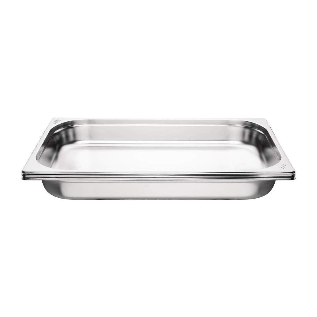 NISBETS Essentials GN 1/1 - Juego de 3 sartenes de acero inoxidable 1/1, aptas para lavavajillas, 9 L, 65 x 530 x 325 mm, color plateado