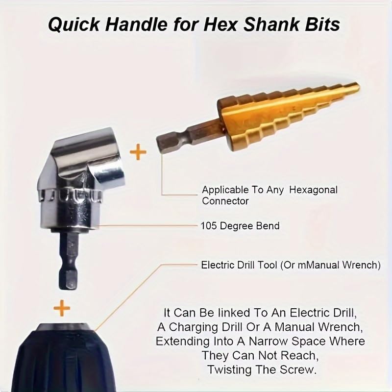4pcs Impact Grade Power Tool Set with Socket Adapter & Extension - Durable Metal Construction, Includes 1/4", 3/8", 1/2" Hex Shank Drill Bits, Nut Driver, and 105° Right Angle Attachment