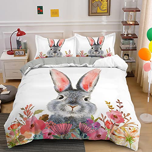 LLSZAHD Parure De Lit 90x190 Lapin Fleur Blanche Parure De Lit 1 Personne avec Fermeture éClair, Housse De Couette 90x190cm avec 1 Taie d'oreiller 65x65cm