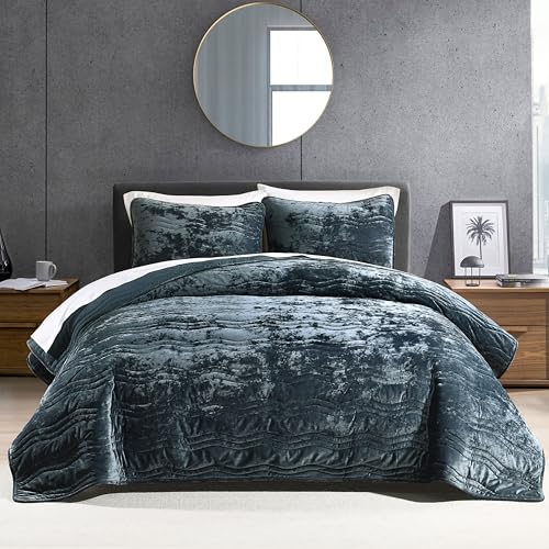 Image of Luxury Velvet Queen Comforter Set, Blue Queen Size Comforter Sets, Stormy Blue Queen Quilt Bedding Set, Luxurious Plush Bedspreaqd Sets,Soft Lightweight Comforter for All Season