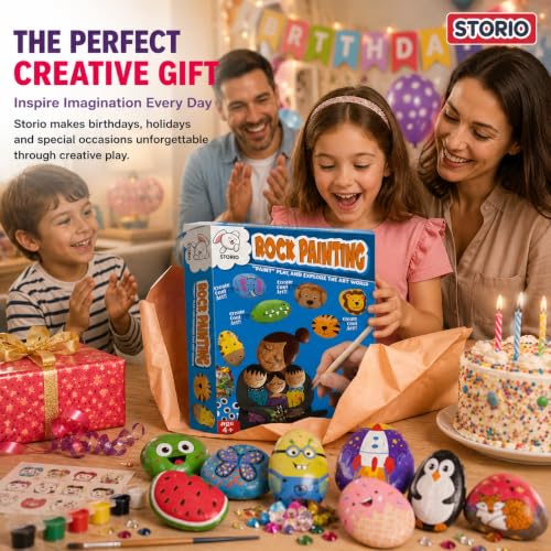 Image of Storio Rock Painting Kit with Googly Eyes, Gems, Water Colours, Arts and Crafts Activity Set for Kids 4+ Years, Gift for Boys and Girls, Multicolor