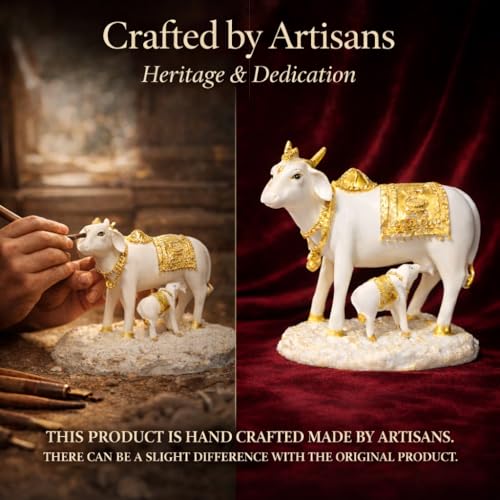 Image of ARMONIA Kamdhenu Cow with Calf Idol for Home Decoration | Dust Marble Finish Polyresin Gau Mata Statue | Vastu & Feng Shui Good Luck Showpiece for Living Room, Pooja Room | Wedding & Housewarming Gift