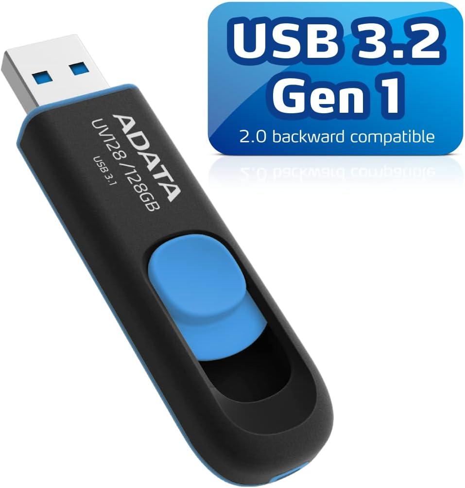 ADATA UV128 32GB USB 3.0 Retractable Capless Flash Drive, Blue (AUV128-32G-RBE)