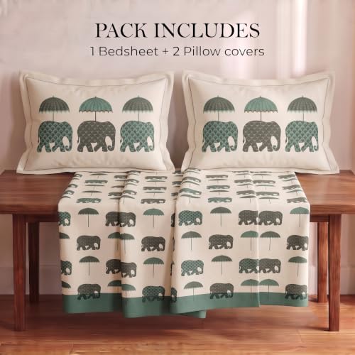 Image of BSB HOME 240 TC Cotton Feel Double Bedsheet with 2 Pillow Covers, Premium Soft Breathable Bed Sheet Set, Fade Resistant, All-Season, Easy Care, 90 x 100 Inches (228 x 254 cm) - Cream & Deep Teal