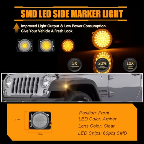 Image of Sequential Front Fender LED Side Marker Lights for 2007-2019 Wrangler JK, [Upgraded] Clear Lens Side Bumper Marker Lamps, JK Amber LED Side Markers Turn Signal Lights, 2 PCS