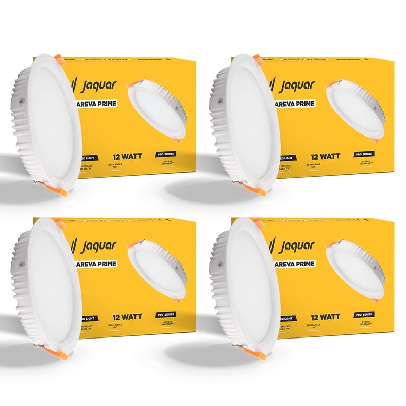 Image of Jaquar 12W Areva Prime Round Downlight with Aluminum housing | 5 Year Warranty | Warm White Light (3000k) Sleek Backlit Design | Recessed Mounted False Ceiling | 105 mm Cutout |120x28 mm (Pack 4)