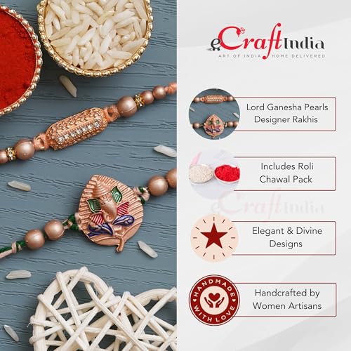 Image of eCraftIndia Multicolor Set of 2 Om Symbol and Peacock Designer Religious Rakhis with Roli Chawal Pack