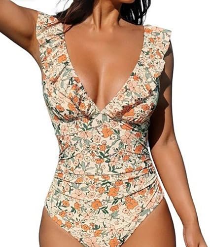 Women's Ruffled One Piece Swimsuit V Neck Lace Up Swimwear for Women