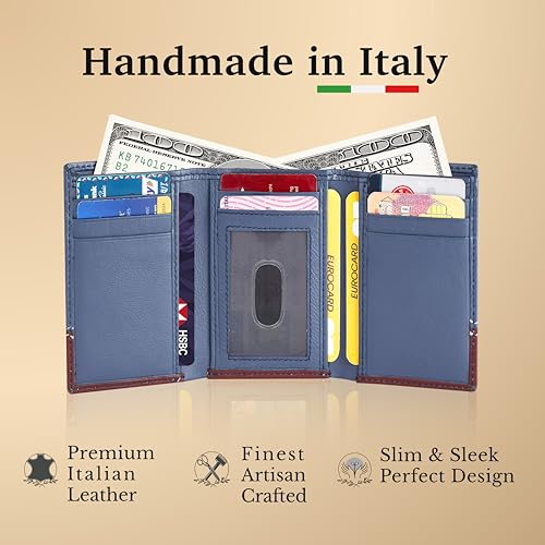 Image of Genuine Italian Leather Trifold Wallet for Men, RFID Blocking, 8 Card Slots, 2 Cash Compartments, Minimalist Billfold with Multiple Card Slots and Cash Storage, ID Window, Cognac Blue Leather
