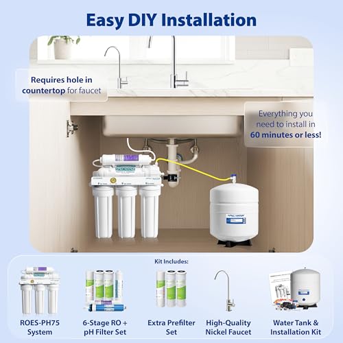 APEC Water Systems ROES-PH75 Essence Series Alkaline Mineral pH+ 75 GPD 6-Stage WQA Certified Ultra Safe Reverse Osmosis Drinking Water Filter System, with Extra High Capacity Pre-Filter Set Stage 1-3