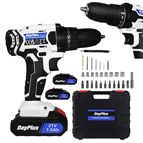 21-V-Akku-Bohrschrauber mit 2 x 1500 mAh Batterien, Akku-Bohrmaschine mit 3/8"Schnellspannbohrfutter, 2 Geschwindigkeiten, LED-Arbeitslicht-Bohrmaschine, Kombitreiber 29 STÜCK DIY-Bohrzubehör-Kit