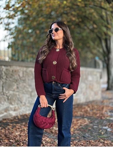 Women's Cropped Cardigan Sweaters Chunky Knit Gold Button Down Long Sleeve Open Front Cardigan with Pockets3