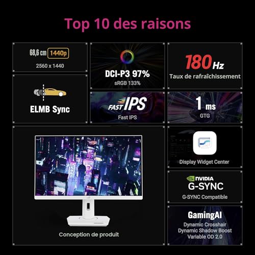 ASUS Moniteur Gaming ROG Strix XG27ACS-W USB Type-C – 27 Pouces QHD 2560x1440, 180Hz, 1ms, Fast IPS, USB Type-C, Compatible G-Sync, VESA, HDR