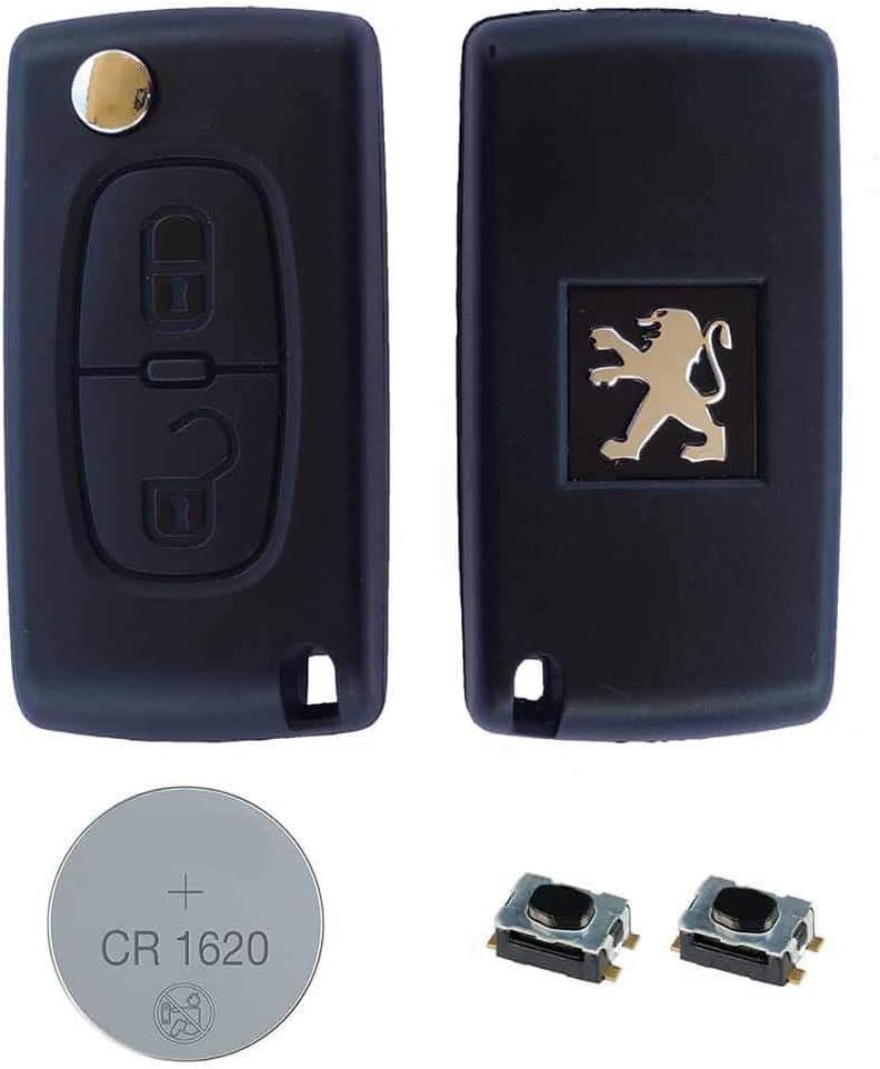 RKFUK® DIY Repair Kit 2 Button Remote Car Key Fob Case CE0536 Flip Blade VA2 Micro Switches CR1620 Battery Suitable Replacement for Peugeot 107 207 208 307 308 407 408 Expert Keys Fobs Cars Vans