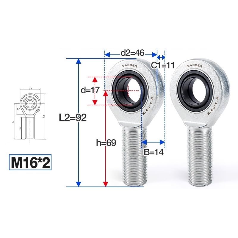 1PC Rod End Joint Bearings SA5E/6/8/10/12/15/17/20/25/30/35/40/45/50/60/70/SA80ES Right-Hand Spherical Plain Bearing Engine Parts(SA17ES M16x2.0)