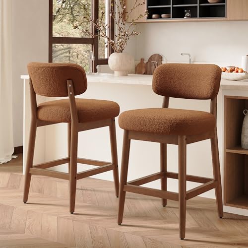 Image of Counter Height Bar Stools Set of 2, Mid-Century Modern Boucle Bar Chairs with Solid Wood Frame, Fluffy Upholstered Stools with Backrest for Kitchen Island, Home Bar, Caramel Brown
