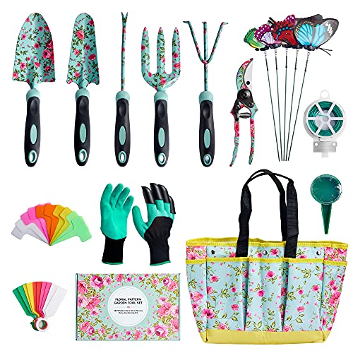 Donext Garden Tool Set, 14 PCS Upgraded Stainless Steel Gardening Tool Kit Floral Pattern Decent Gardening Gifts for Women Garden Hand Tools