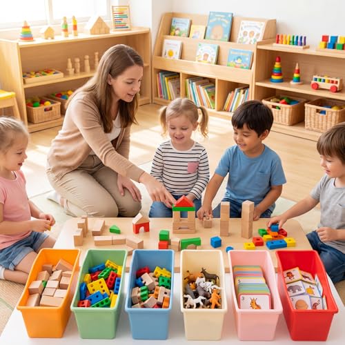 Image of Geetery Plastic Book Bins for Classroom, 12 Pcs, Macaron Color