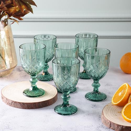 Image of The Decor Mart Tinted Cross Goblet Set of 6, Green, 200ml Capacity, Textured Finish, 8cm x 8cm x 15cm, Premium Glassware for Wine and Cocktails