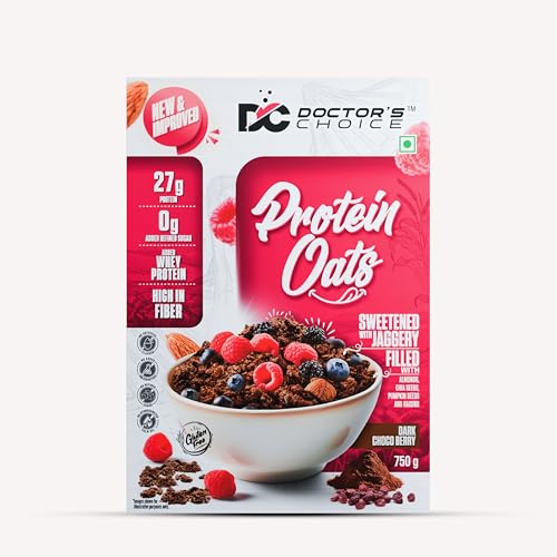 Doctors Choice High Protein Oats 750g | 27g Protein Oatmeal | Dark Choco Berry Flavor | No Added Sugar | Gluten Free | High Fiber Healthy Breakfast Oats