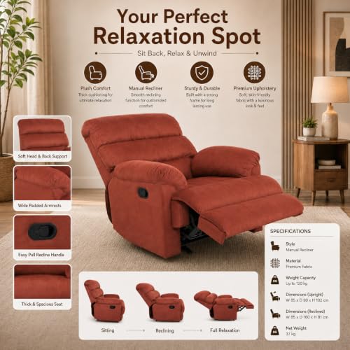 Image of Velvet Manual Recliner, 1 Seater, Maroon | Single Sofa Recliner, Comfortable Lounge Chair, For Living Room, Bedroom & Relaxation