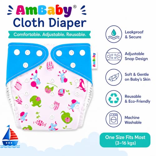 Image of Ambaby Pack of 4 Premium Pocket Cloth Diapers with 2 Diaper Covers & 2 High-Absorbency 4Layer Insert Pads. Leak-Proof, Adjustable, Breathable, Reusable & Washable. Fits Babies 3 Months-3 Years(3-18kg)