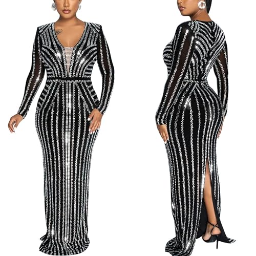 Image of PORRCEY Women's Sexy Rhinestone Lace Sheer Mesh Formal Evening Dress