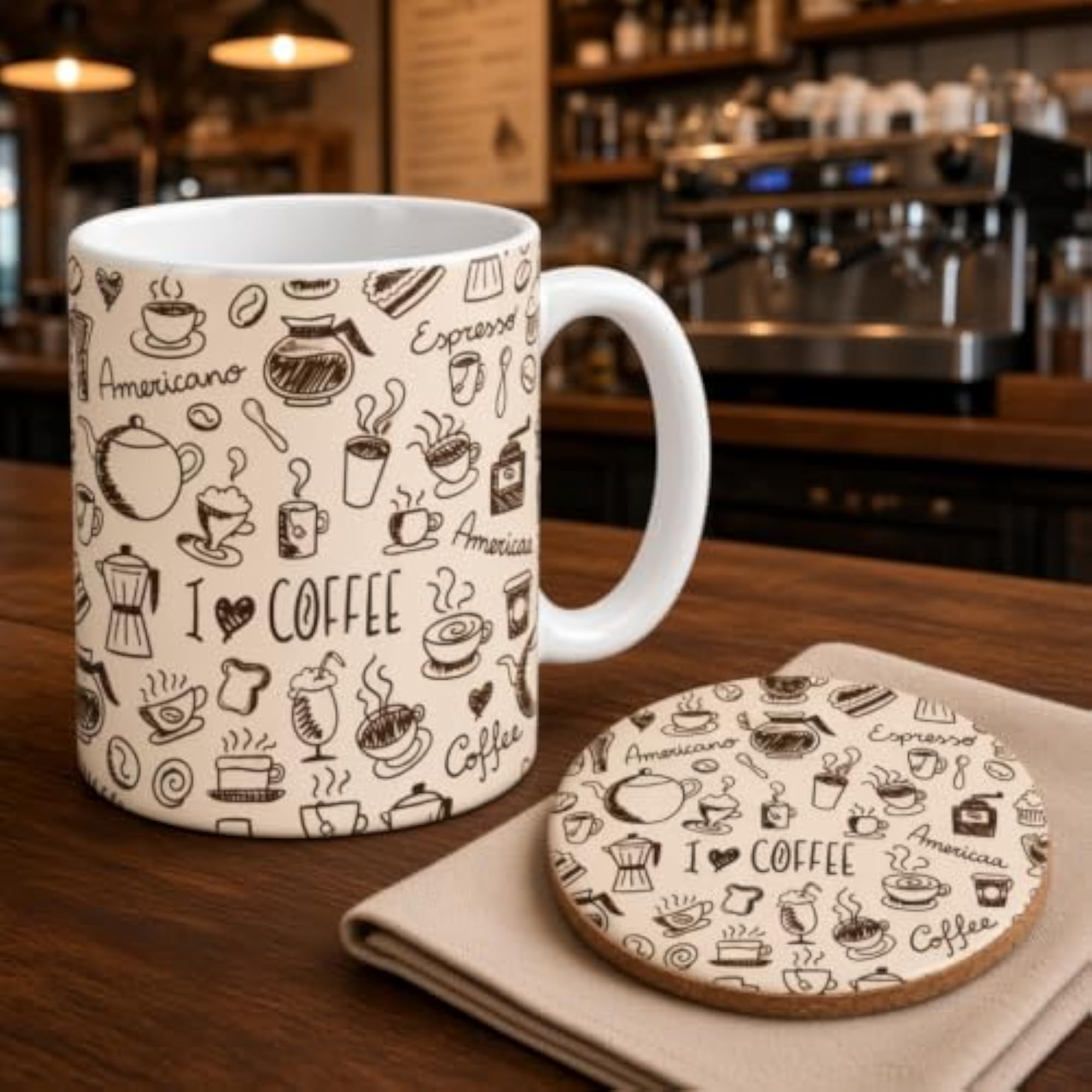 I Love Coffee Mug and Round Coaster Set