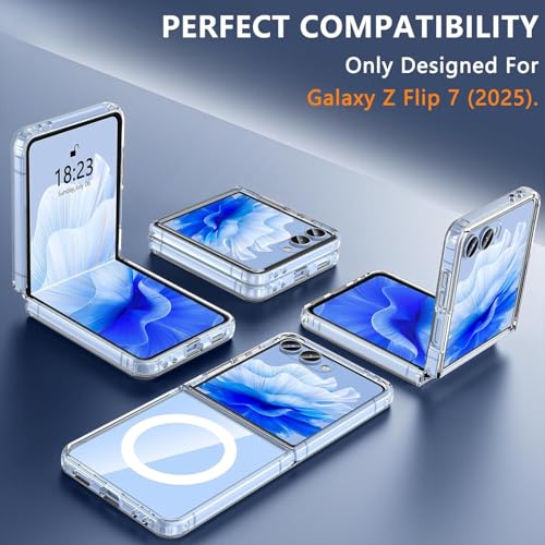 Image of Magnetic Case for Samsung Galaxy Z Flip 7 5G Compatible with MagSafe, Shockproof Plastic Phone Bumper Cover, Anti-Scratch Clear Back (White Clear)