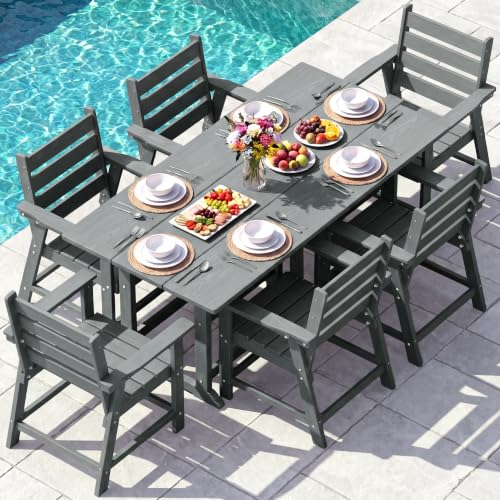 Image of 7-Piece Dining Set, HDPE Table & 6 Chairs, Grey
