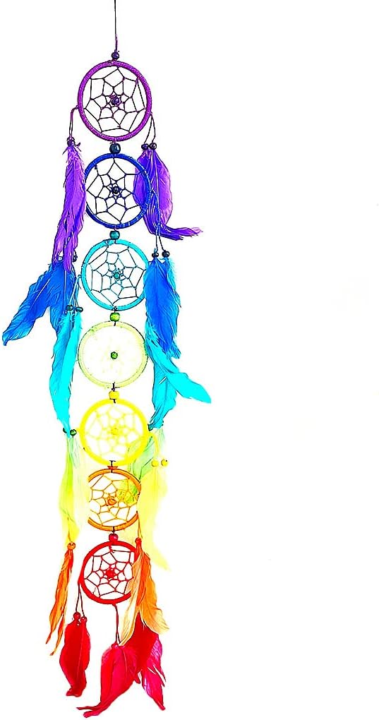 OMA Chakra Rainbow Dream Catcher Wall Hanging with Multi Color Feathers Traditional Authentic Dream Catcher Boho Home Decor Bedroom Decoration Gift Large, 30" Long