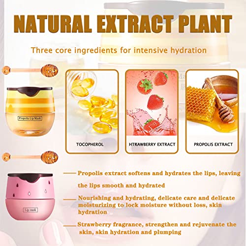 Lip Mask Overnight Set With Brush, 2Pcs Honey&Strawberry Bee Balm Lip Balm Honey Pot,Day And Night Repair Fade Lip Lines Lip Sleeping Mask,Lip Scrubs Exfoliator & Moisturizer,Hydrating &Prevention Dry And Crack Lip Care Products #TOP4