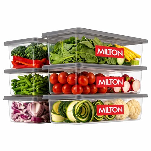 Image of MILTON Cryo Fridge Storage Boxes Set of 6 Fridge Organizer Container with Waterproof Vinyl Stickers & Removable Drain Plate, Lid|Stackable Box, Plastic Containers 1500 ml|Fish, Vegetables, Fruits|Grey