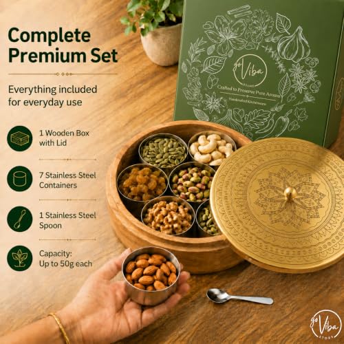 Image of Acacia Wood Masala Dabba with Brass-Finish Lid & 7 Stainless Steel Spice Containers + Spoon | Anjarai Petti Style Wooden Spice Box for Kitchen | Gifting Masala Box