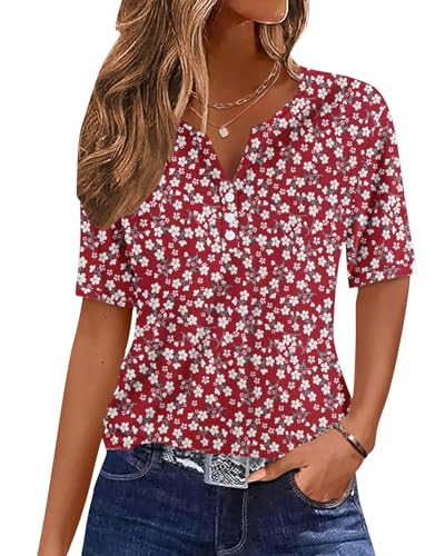 WNEEDU Tee Shirt Femme Col V T-Shirt Manches Courtes Haut Ete Basique Top Elegant avec Bouton Fleurs Rouges XL
