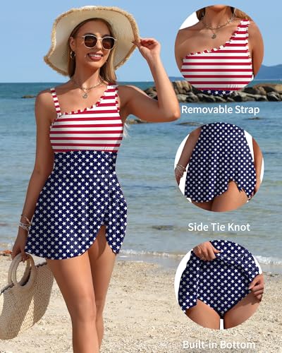 Image of Charmo One Shoulder One Piece Swimsuit Women Tummy Control Bathing Suit with Skirt Tie Knot Cute Scalloped Swimdress