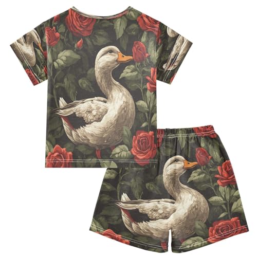 Pajama Sets Short Sleeve Duck Among Red Roses Soft Cotton Summer Sleepwear 2 Piece PJS Size 5-14T2