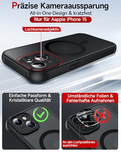 LeYi Handyhülle für iPhone 15 Hülle für Panzerglas 2X mit Magsafe Kameraschutz Ultra Dünn, Slim Magnetisch Schutzhülle Schutzglas Matt Transluzent Phone Case i Phone15 iphon15 - Schwarz