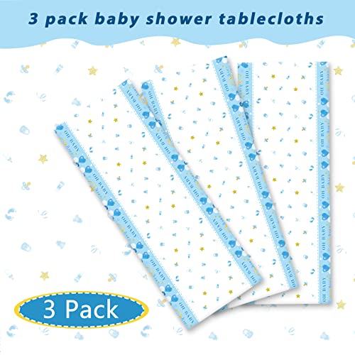 Image of Tevxj 3 Pack Baby Shower Tablecloths Plastic Blue Baby Boy Shower Decorations Gender Reveal Party It's A Boy Table Covers for Baby Boy Birthday Shower Party Supplies, 54 x 108 Inch