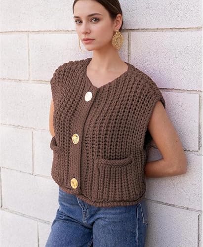 Image of Womens Crochet Chunky Knit Top Sleeveless Button Down Crop Tops Trendy Cardigan Sweater Vest for Women with Pockets (Brown,Small)
