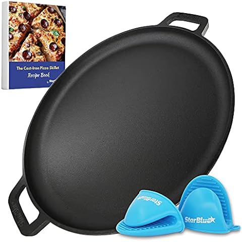 16 Inch Cast Iron Pizza Pan Round Griddle by StarBlue with FREE Silicone Handles and 30 Recipes Ebook– Pre-Seasoned Comal, Kitchen Essentials for Pizza Lovers, Baking, Grill, BBQ, Stove Oven Safe Cover