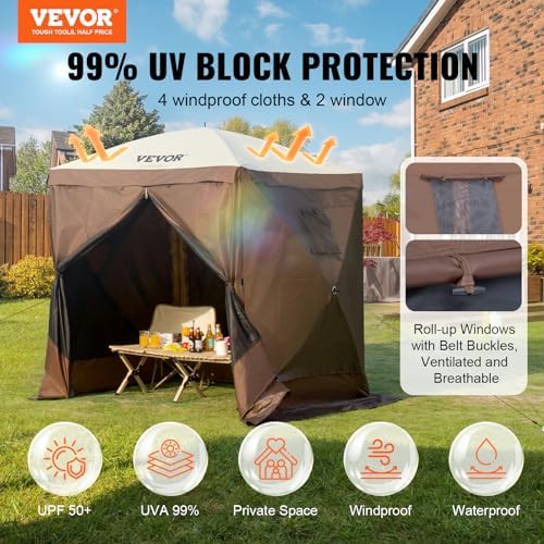 VEVOR Pop Up Gazebo Tent, Pop-Up Screen Tent 4 Sided Canopy Sun Shelter with 4 Removable Privacy Wind Cloths & Mesh Windows, 6x6FT Quick Set Screen Tents with Netting, Brown