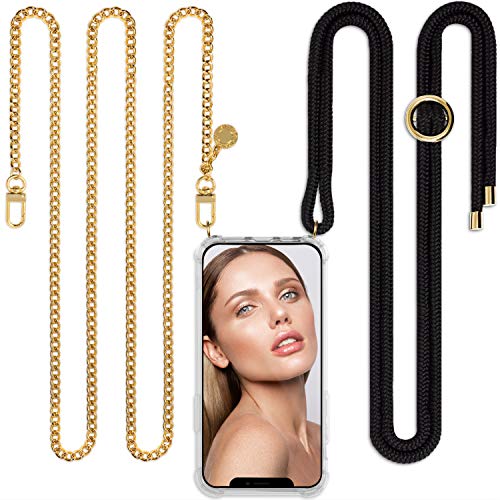 ® Kette + Kordel, Handykette kompatibel mit Apple iPhone X/XS, Gliederkette in Farbe Gold mit Handy Hülle zum Umhängen + Schwarze Kordel als