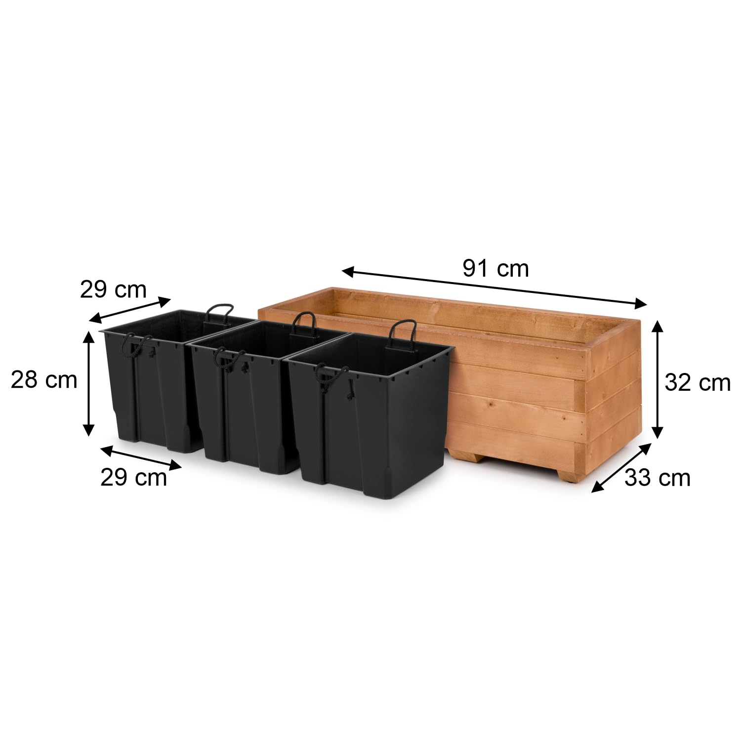 Blumentopf Holz - Pflanzkübel Übertopf Blumenkasten - mit DREI Kunststoffeinsätzen Herausnehmbar - 91 x 33 x 32 cm - Nuss Braun 91KAN3332NU