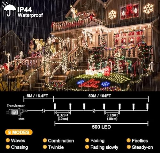 kemooie 500 LED Christmas Lights, 164FT 8 Lighting Modes with Timer Plug in Waterproof String Lights for Outdoor Christmas Birthday Wedding Party Garden Balcony Decorations (Warm White)